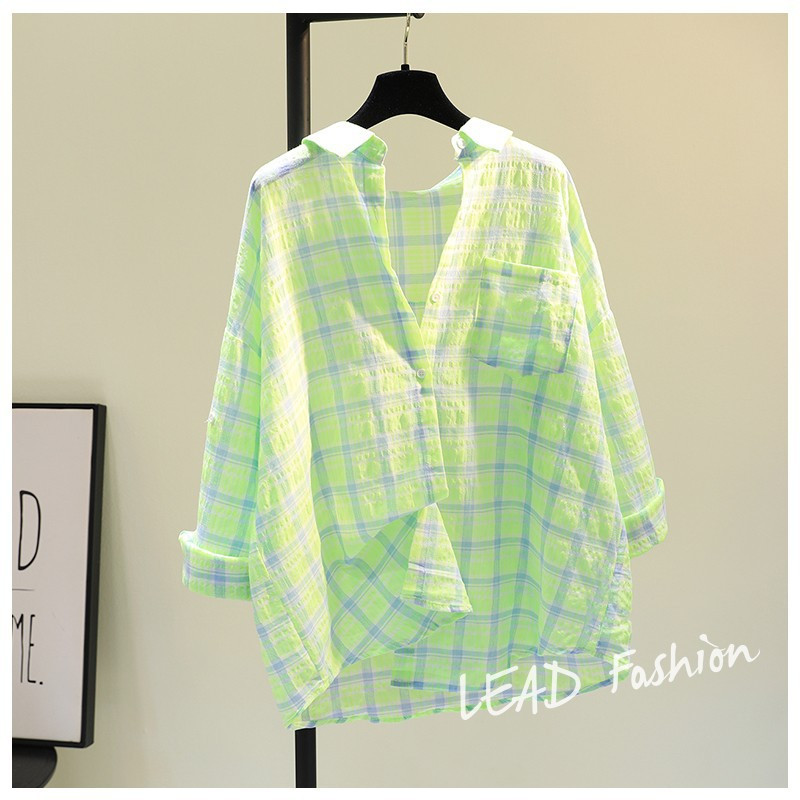 Cămașă în carouri din bumbac, cu un singur buzunar, în trei culori, pentru femei, vara 2023, nouă cămașă cu protecție solară, versiune coreeană, cămașă lejeră