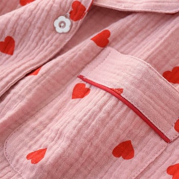 Пролетен нов комплект дамски пижами, щампани сърца, креп памук, двуслойна марля, отложна яка, панталон с дълъг ръкав, домакинско облекло