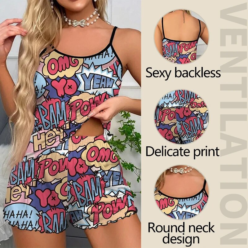 Sieviešu pidžamas guļamveļa pidžamas komplekts sporta kamzolis un šorti SML daudzkrāsu karikatūra bagāta krāsu druka Ventilācija ērta