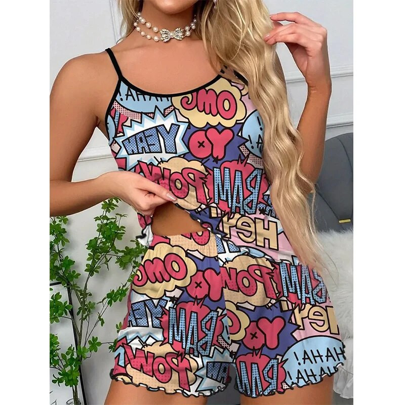 Sieviešu pidžamas guļamveļa pidžamas komplekts sporta kamzolis un šorti SML daudzkrāsu karikatūra bagāta krāsu druka Ventilācija ērta