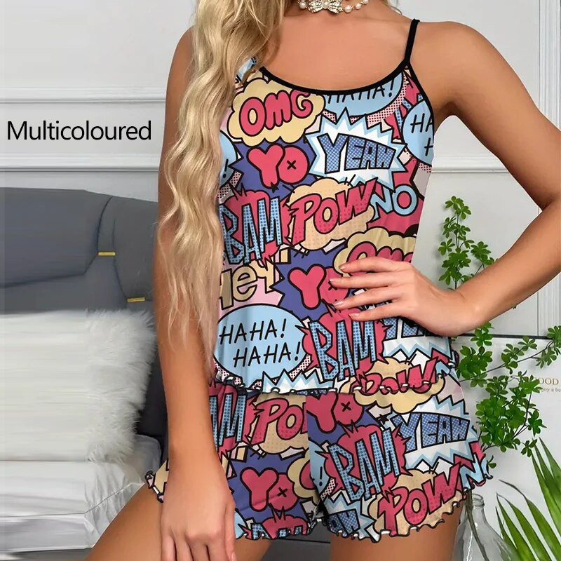 Sieviešu pidžamas guļamveļa pidžamas komplekts sporta kamzolis un šorti SML daudzkrāsu karikatūra bagāta krāsu druka Ventilācija ērta