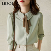 2023 tavaszi ősz, új, egyszínű, divatos pólógalléros ing női High Street elegáns masnigombos, hosszú ujjú, teljesen passzoló blúz