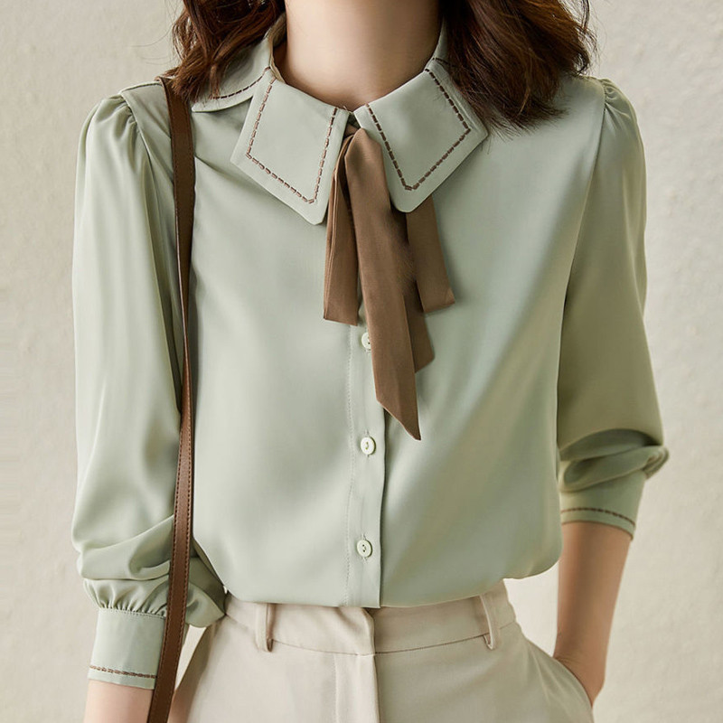 2023 tavaszi ősz, új, egyszínű, divatos pólógalléros ing női High Street elegáns masnigombos, hosszú ujjú, teljesen passzoló blúz