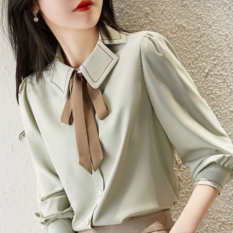 2023 tavaszi ősz, új, egyszínű, divatos pólógalléros ing női High Street elegáns masnigombos, hosszú ujjú, teljesen passzoló blúz
