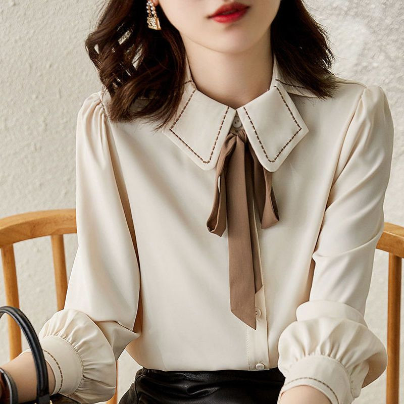 2023 tavaszi ősz, új, egyszínű, divatos pólógalléros ing női High Street elegáns masnigombos, hosszú ujjú, teljesen passzoló blúz