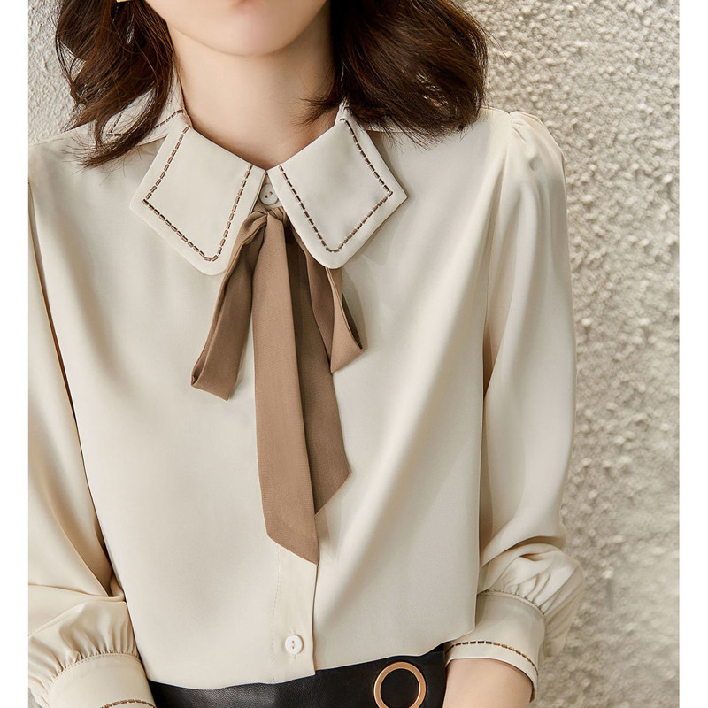 2023 tavaszi ősz, új, egyszínű, divatos pólógalléros ing női High Street elegáns masnigombos, hosszú ujjú, teljesen passzoló blúz