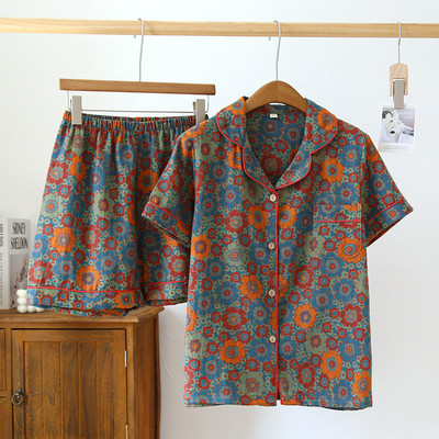 Vasaras vintage divpusējas dzijas žakarda pidžamas sievietēm Atloks ar īsām piedurknēm Šorti KOKVILNA Atpūtas apģērbs Retro lauku pidžamas