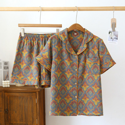 Vasaras vintage divpusējas dzijas žakarda pidžamas sievietēm Atloks ar īsām piedurknēm Šorti KOKVILNA Atpūtas apģērbs Retro lauku pidžamas