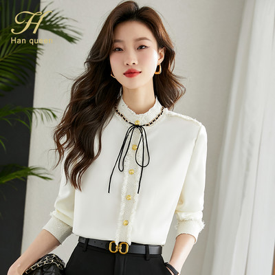 H Han Queen Uus saabumine Kevad-sügis särgid Naiste pluusid Vintage töö vabaaja ülaosa Sifoonpluus Elegantne pitsiga lahtised särgid