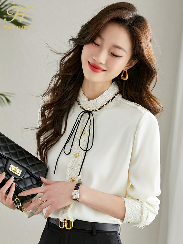 H Han Queen Uus saabumine Kevad-sügis särgid Naiste pluusid Vintage töö vabaaja ülaosa Sifoonpluus Elegantne pitsiga lahtised särgid