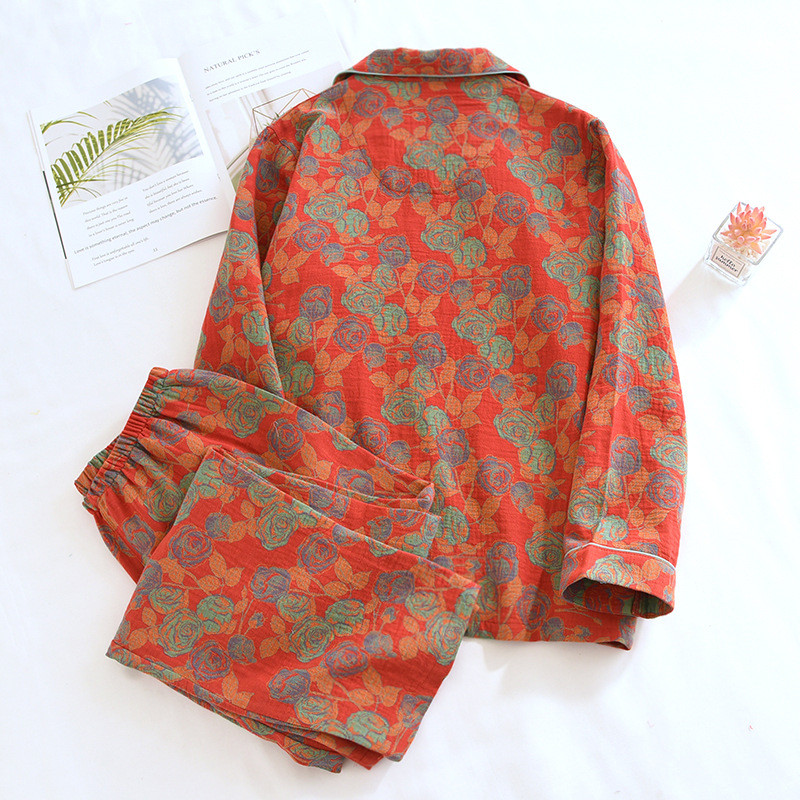 2024. gada jauns pavasara un rudens sieviešu pidžamu komplekts, 100% kokvilnas dzija, aušana, žakarda, bikses ar garām piedurknēm, divdaļīgs mājas iekārtojuma komplekts