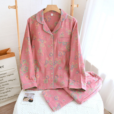 Nou set de pijamale din bumbac Lenjerie de noapte cu mânecă lungă pentru dormit Seturi de pantaloni moale cu strat dublu Îmbrăcăminte pentru femei Pijamale largi Dame