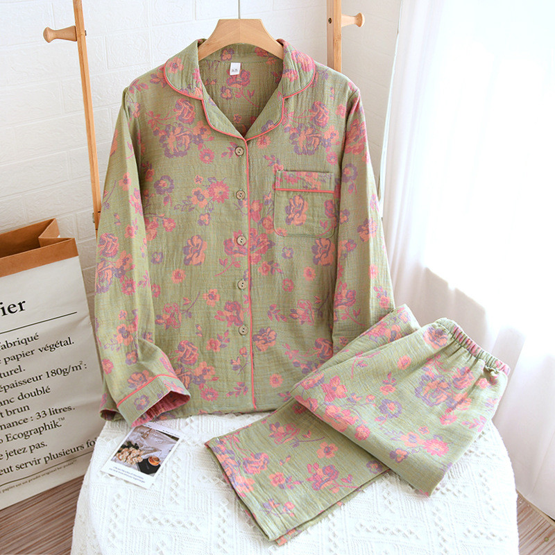 Nou set de pijamale din bumbac Lenjerie de noapte cu mânecă lungă pentru dormit Seturi de pantaloni moale cu strat dublu Îmbrăcăminte pentru femei Pijamale largi Dame