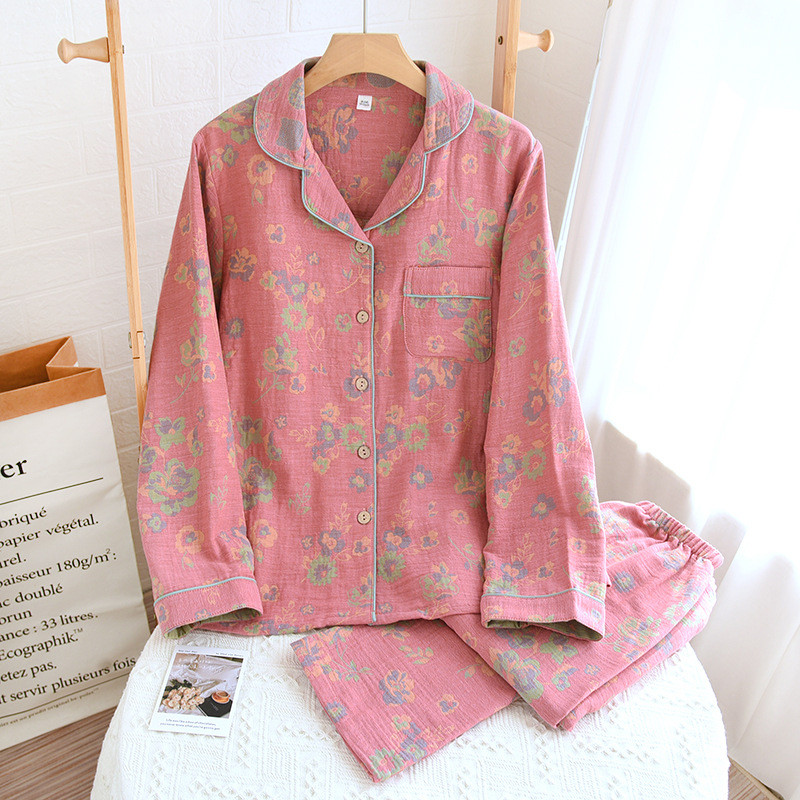 Nou set de pijamale din bumbac Lenjerie de noapte cu mânecă lungă pentru dormit Seturi de pantaloni moale cu strat dublu Îmbrăcăminte pentru femei Pijamale largi Dame