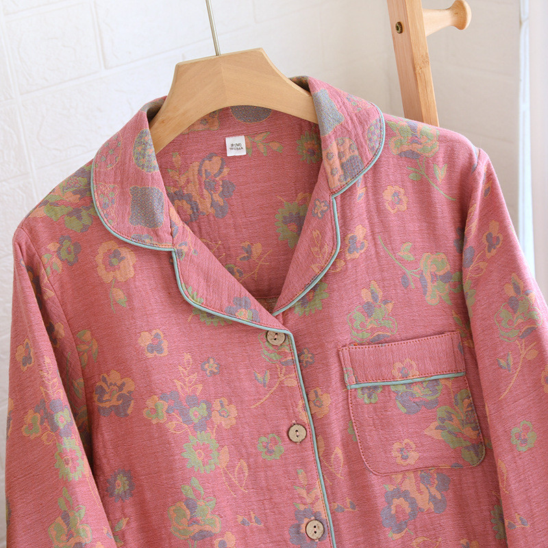 Nou set de pijamale din bumbac Lenjerie de noapte cu mânecă lungă pentru dormit Seturi de pantaloni moale cu strat dublu Îmbrăcăminte pentru femei Pijamale largi Dame