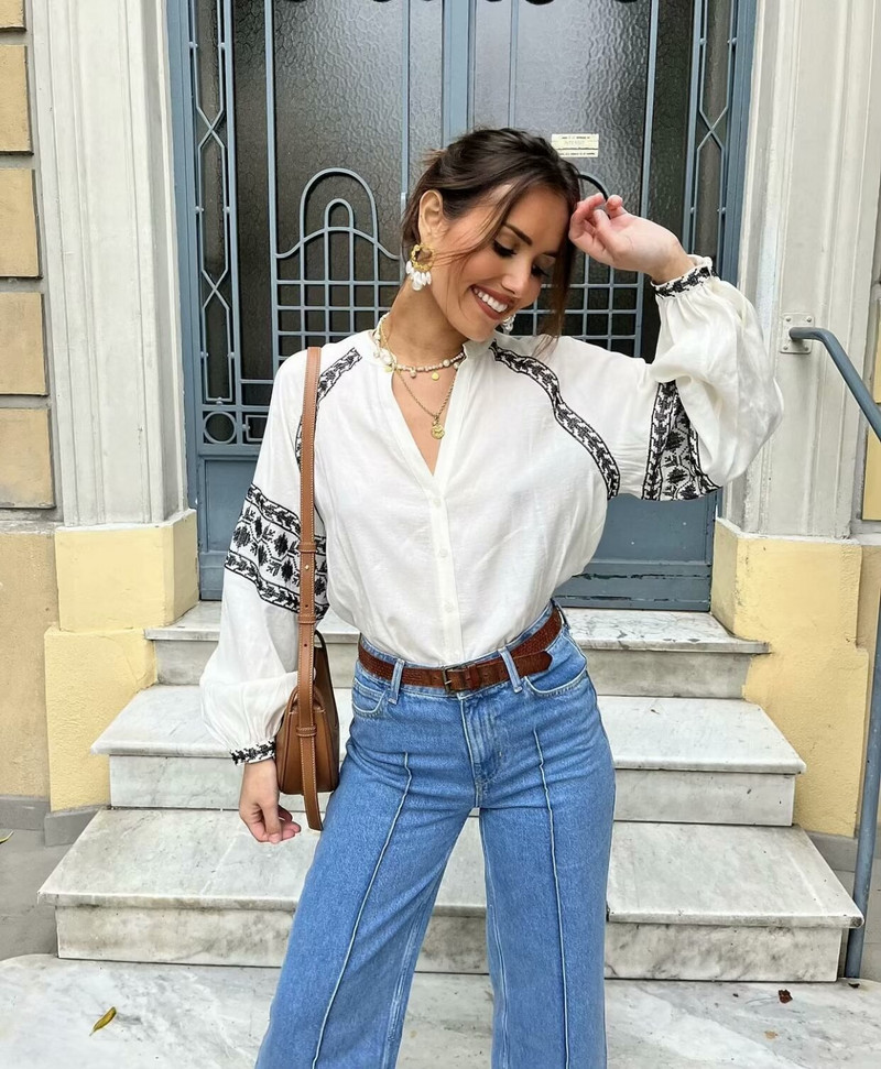 TRAF Embroidery 2024 naiste särk suvine V-kaelusega naiste pikkade varrukatega šikk pluus Naiste vabaaja särgid ja pluusid Uus