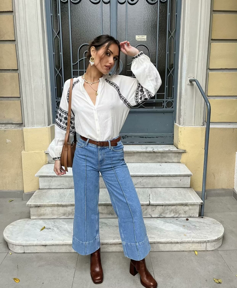 TRAF Embroidery 2024 naiste särk suvine V-kaelusega naiste pikkade varrukatega šikk pluus Naiste vabaaja särgid ja pluusid Uus