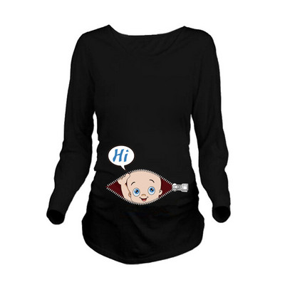 Jauns jauks sieviešu grūtnieču T-krekls ar garām piedurknēm grūtnieču apģērbi gadījuma rakstura apkakles apdrukai, smieklīgi mazuļu skatieni sievietēm grūtniecēm