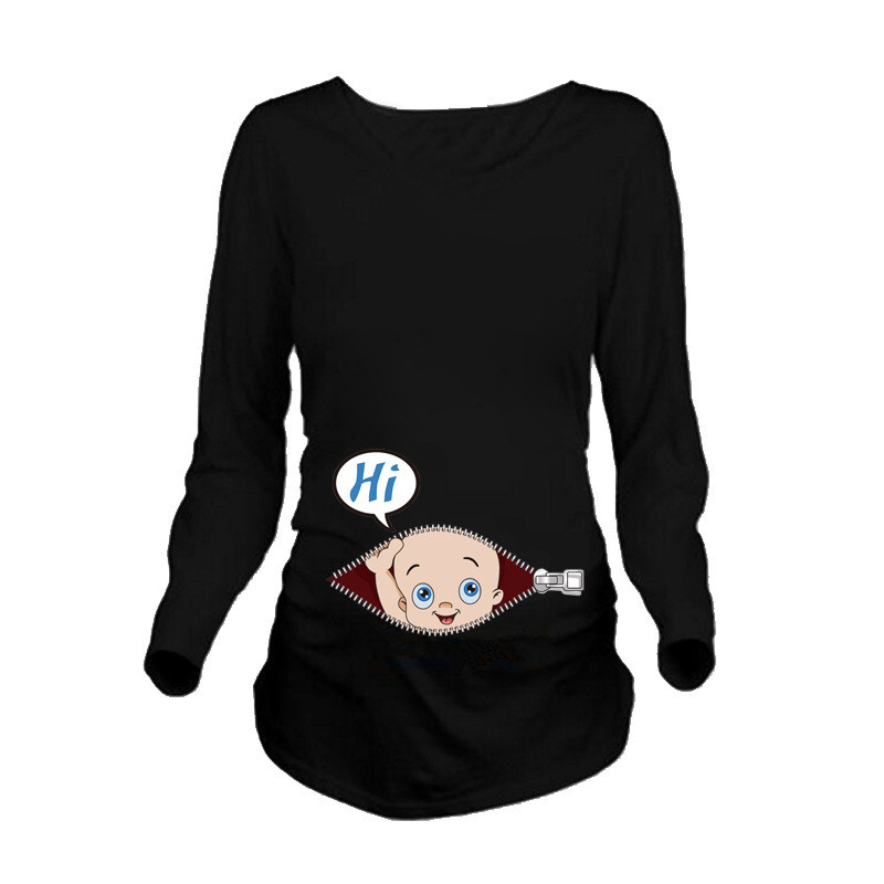 Jauns jauks sieviešu grūtnieču T-krekls ar garām piedurknēm grūtnieču apģērbi gadījuma rakstura apkakles apdrukai, smieklīgi mazuļu skatieni sievietēm grūtniecēm