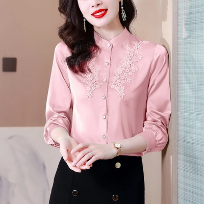 Női Ingek Hosszú ujjú Vintage Hímzés Szatén Irodai blúzok Női Ruhák Női Felsők és Blúzok Blusas Mujer De Moda 2023