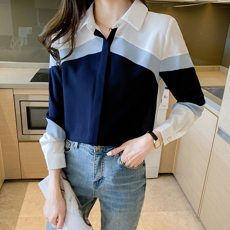 Divatos, hosszú ujjú sifonblúz irodai női elegáns csíkos blusas patchwork ing alkalmi lecsukható galléros felsők ruhák 5302