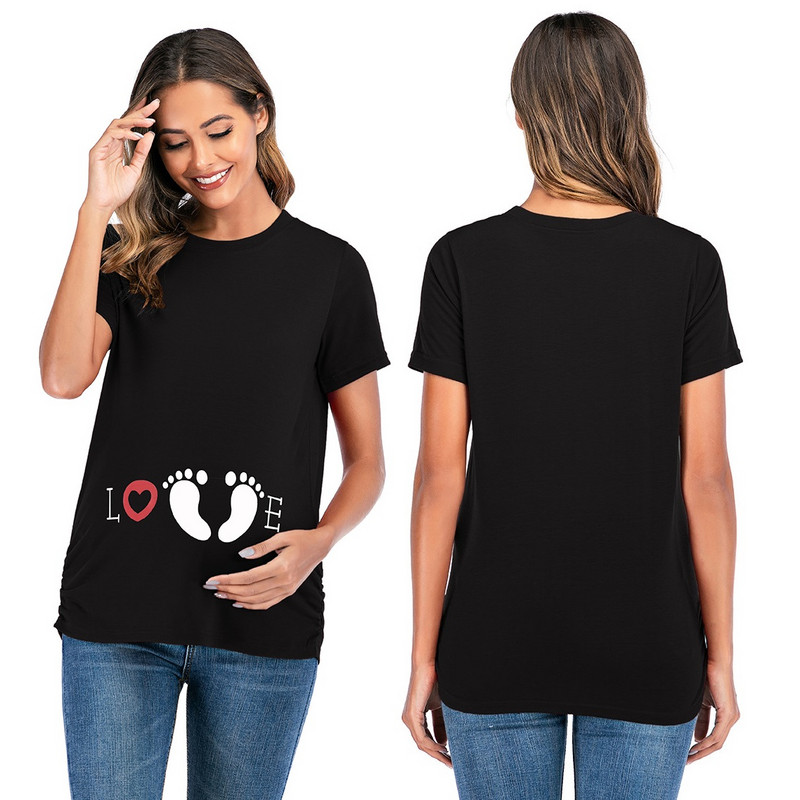 Sieviešu grūtnieču t-krekli ar apdruku uz pēdu grūtniecības t-kreklu augšdaļas tunikas blūze ikdienišķa Mama mīlestības virsdrēbes