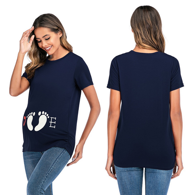 Sieviešu grūtnieču t-krekli ar apdruku uz pēdu grūtniecības t-kreklu augšdaļas tunikas blūze ikdienišķa Mama mīlestības virsdrēbes