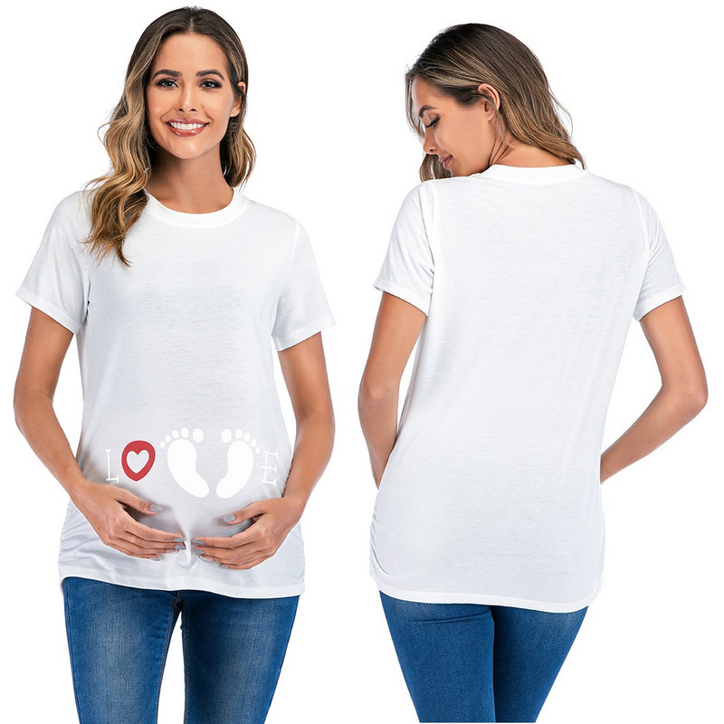 Sieviešu grūtnieču t-krekli ar apdruku uz pēdu grūtniecības t-kreklu augšdaļas tunikas blūze ikdienišķa Mama mīlestības virsdrēbes
