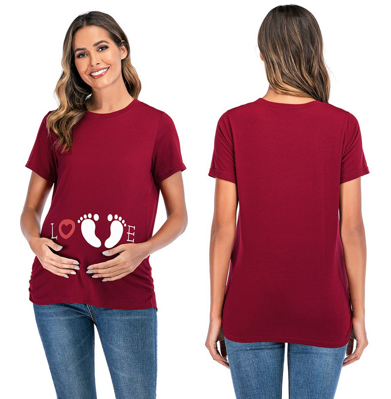 Sieviešu grūtnieču t-krekli ar apdruku uz pēdu grūtniecības t-kreklu augšdaļas tunikas blūze ikdienišķa Mama mīlestības virsdrēbes