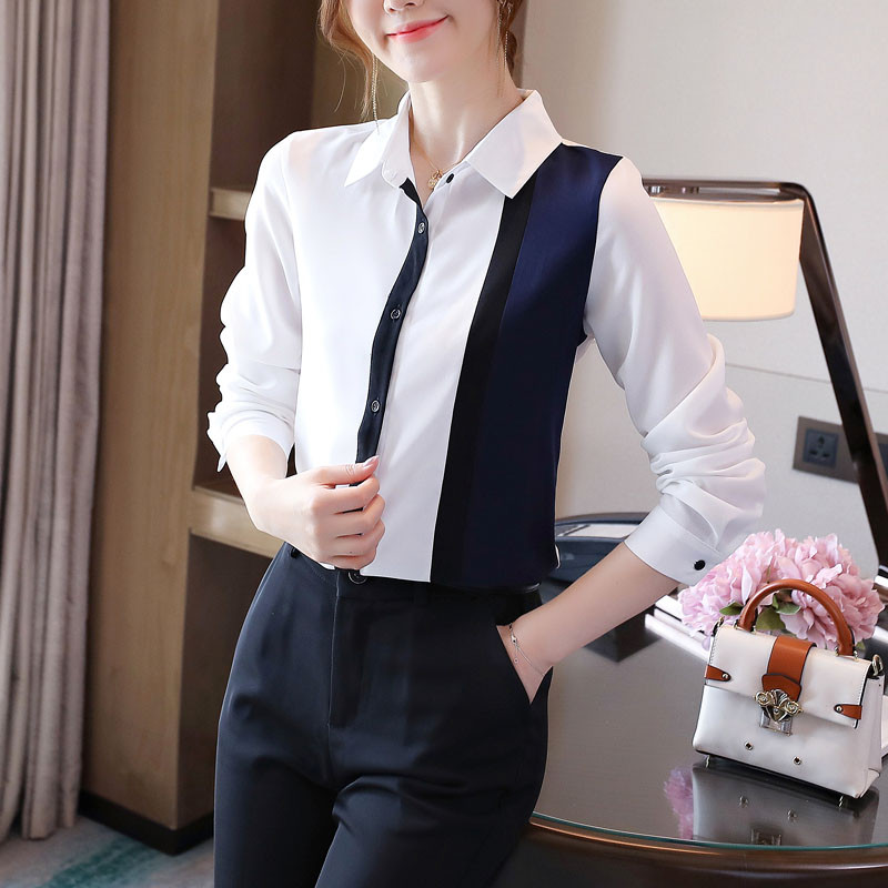 Kontori daami kontrastses stiilis lahtikäiv kraega pluus Naiste šifoonist särgid, naiste elegantsed mood, vaba vabaaja topp