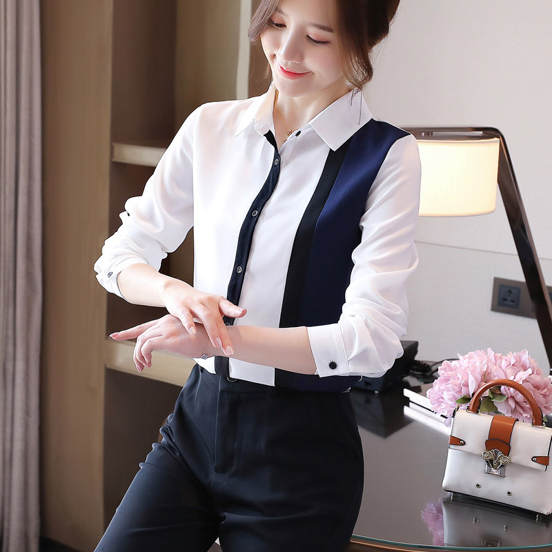 Kontori daami kontrastses stiilis lahtikäiv kraega pluus Naiste šifoonist särgid, naiste elegantsed mood, vaba vabaaja topp