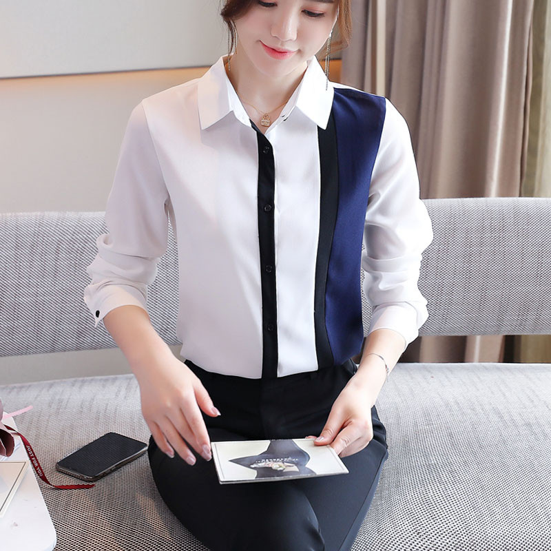 Kontori daami kontrastses stiilis lahtikäiv kraega pluus Naiste šifoonist särgid, naiste elegantsed mood, vaba vabaaja topp