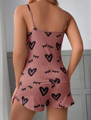 1 set Set de pijamale cu imprimeu moale cu inimă, top cu decolteu cu decolteu, fără mâneci și pantaloni scurți cu fundă, îmbrăcăminte de dormit și pijamă pentru femei