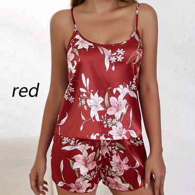 Naiste pidžaamad magamisriided pidžaamakomplekt öösärgid ja lühikesed püksid, punased SML lilleprintidega suvine vabaaja