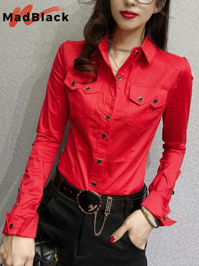 MadBlack új tavaszi női hosszú ujjú zöld ingek őszi irodai női zsebblúzok Női gombos felsők 2023 T33111Z