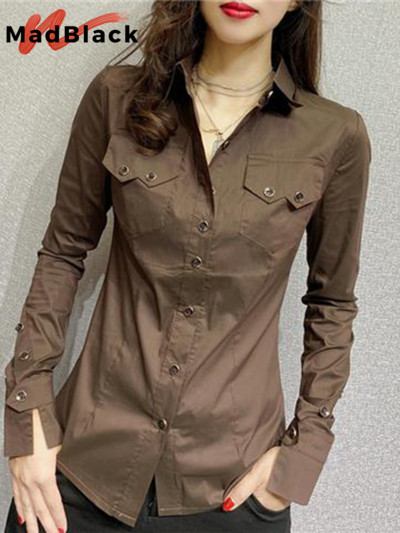 MadBlack új tavaszi női hosszú ujjú zöld ingek őszi irodai női zsebblúzok Női gombos felsők 2023 T33111Z