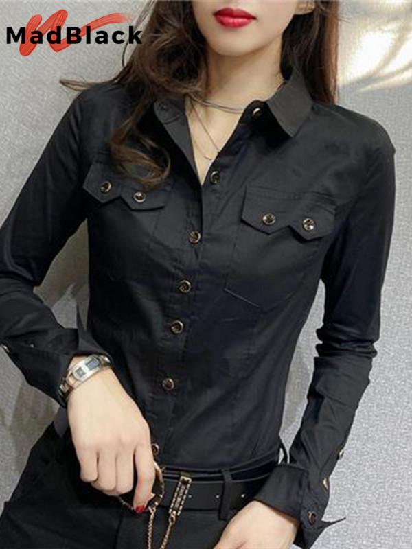 MadBlack új tavaszi női hosszú ujjú zöld ingek őszi irodai női zsebblúzok Női gombos felsők 2023 T33111Z