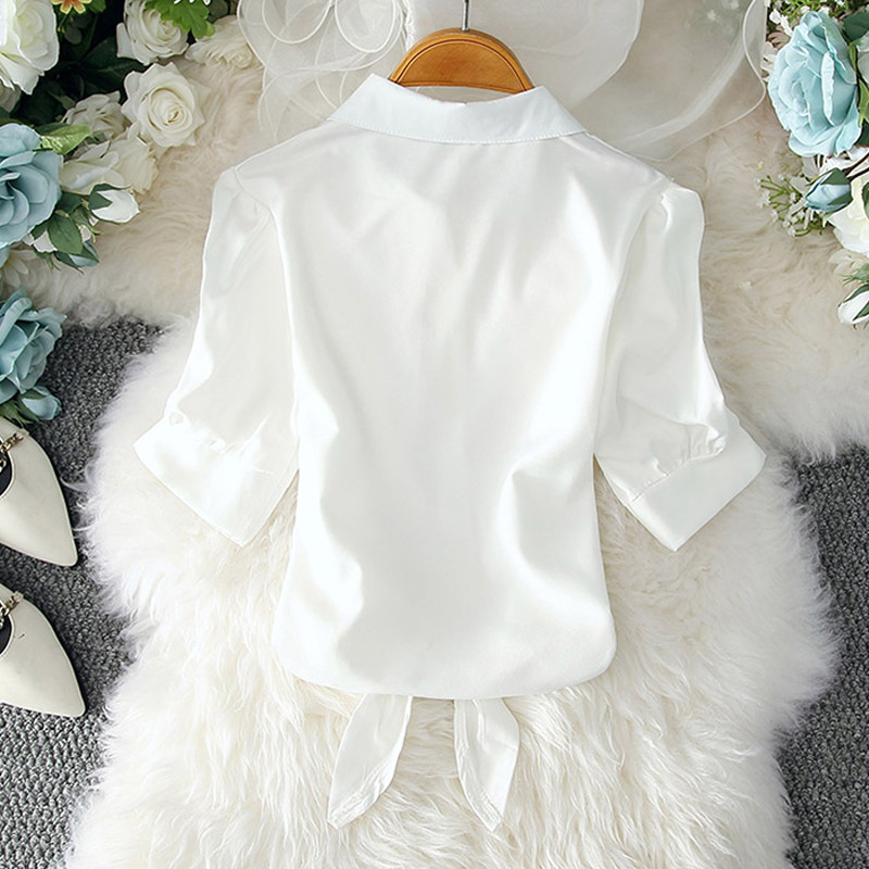 2024. gada vasaras sieviešu balts krekls, pamata blūzes, sieviešu krekls ar pogām, augšpusē sasiets viduklis Eleganti sieviešu tunikas topi 19870. g.