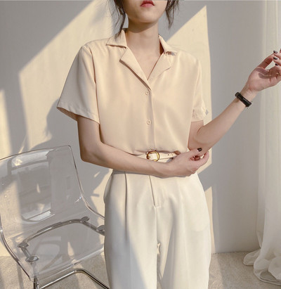 Női nyári sifonblúz Elegáns rövid ujjú V nyakú bő ing Alkalmi szolid koreai elegáns egyszerű felsők Női tunika blusák