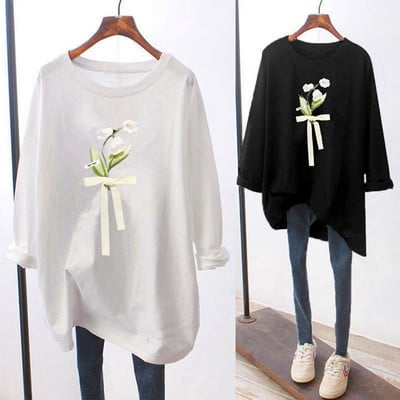 Naiste Lihtne lillemustriga Suured tänavarõivad Puuvillased T-särgid Kevad-sügis vabaaja kaelaga pikkade varrukatega tuunika Naiste top riided