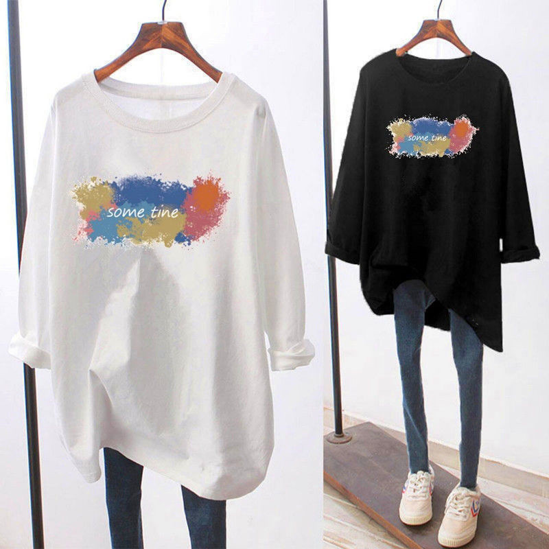 Naiste Lihtne lillemustriga Suured tänavarõivad Puuvillased T-särgid Kevad-sügis vabaaja kaelaga pikkade varrukatega tuunika Naiste top riided