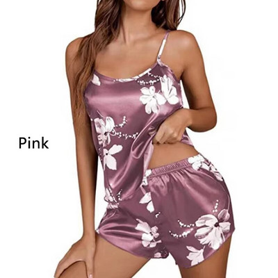 Sieviešu pidžamas guļamveļa pidžamas komplekts naktskrekli kamzolis un šorti SML rozā ziedu apdruka Jauki vasaras ikdienas komfortabli