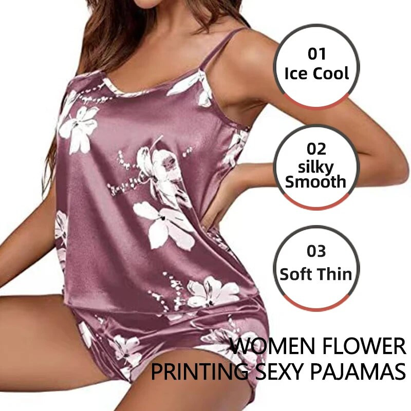 Sieviešu pidžamas guļamveļa pidžamas komplekts naktskrekli kamzolis un šorti SML rozā ziedu apdruka Jauki vasaras ikdienas komfortabli