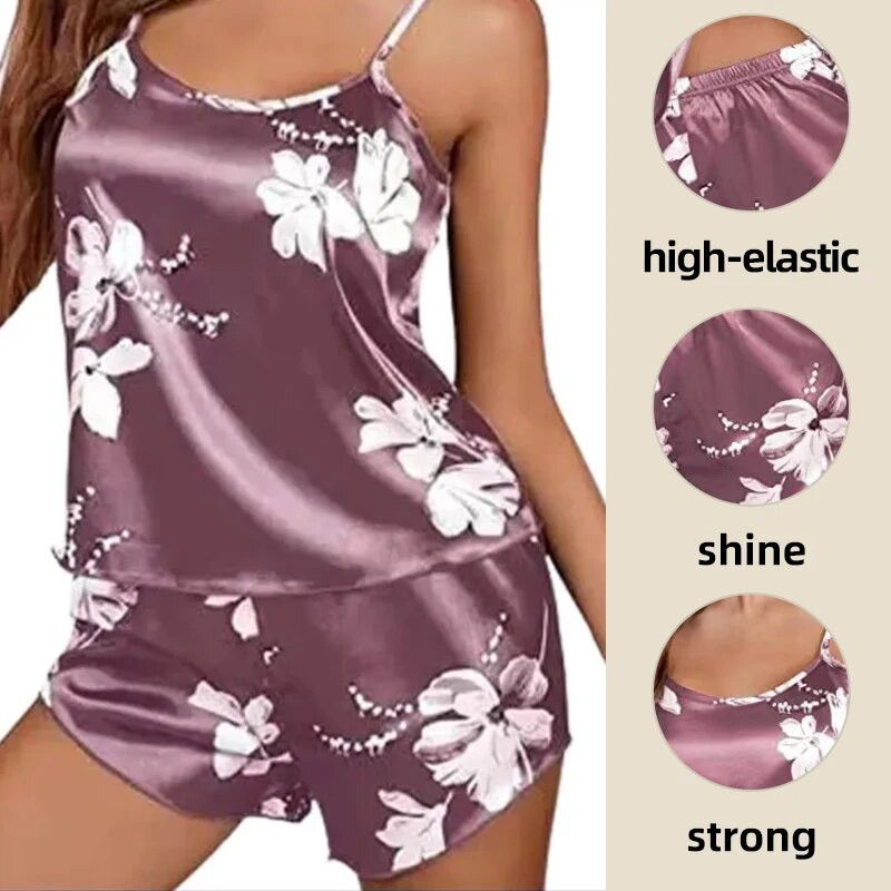 Sieviešu pidžamas guļamveļa pidžamas komplekts naktskrekli kamzolis un šorti SML rozā ziedu apdruka Jauki vasaras ikdienas komfortabli