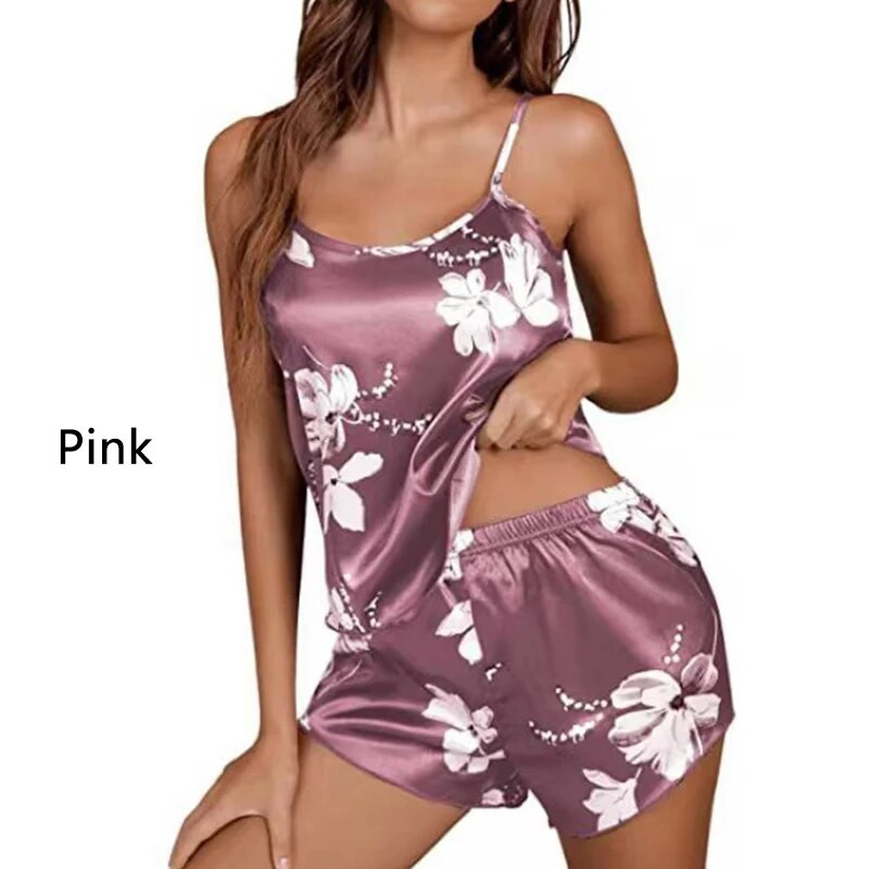 Sieviešu pidžamas guļamveļa pidžamas komplekts naktskrekli kamzolis un šorti SML rozā ziedu apdruka Jauki vasaras ikdienas komfortabli