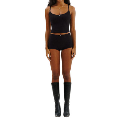 Combhasaki ženska dvodijelna odjeća s cvjetnim izdubljenim printom Y2K majica bez rukava skraćene majice bez rukava Komplet kratkih pidžama visokog struka