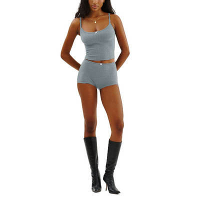 Combhasaki ženska dvodijelna odjeća s cvjetnim izdubljenim printom Y2K majica bez rukava skraćene majice bez rukava Komplet kratkih pidžama visokog struka