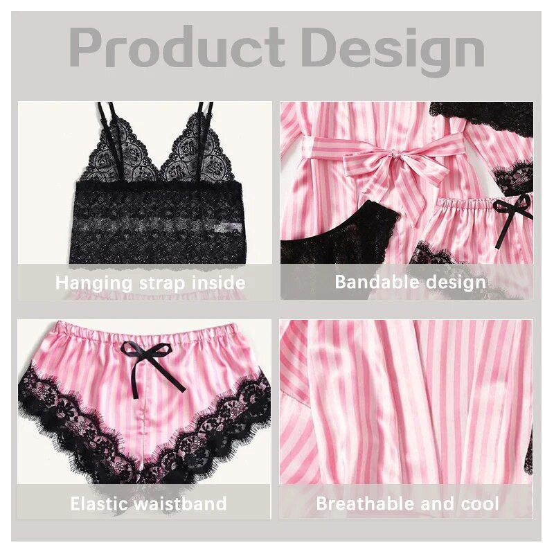 4 tk naiste suvine pidžaamakomplekt roosa triibulise jakiga, mis on ühendatud vabaaja lühikeste pükste ja seksika pitspesuga vabaaja kodupidžaamakomplektiga