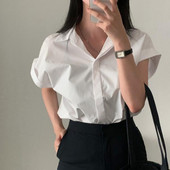 Casual V-kaelusega soliidne särgipluus Kontori Daami kevadsuve mood Elegantsed lühikeste varrukatega õhukesed särgid naistele 2024. aasta valged topid