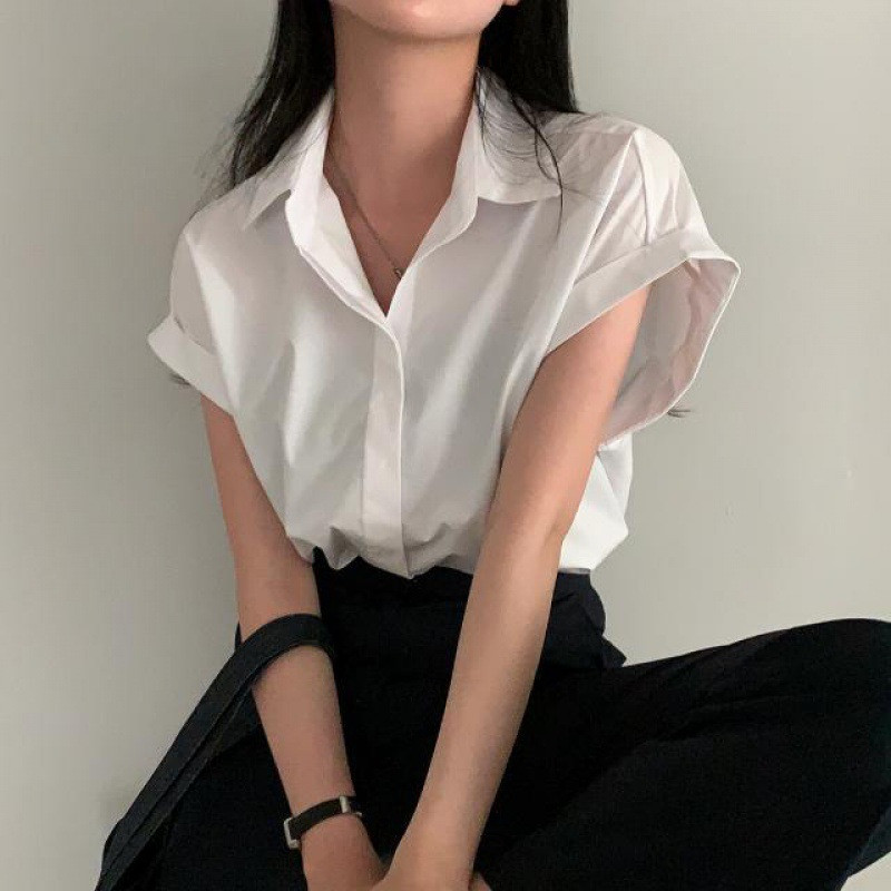 Casual V-kaelusega soliidne särgipluus Kontori Daami kevadsuve mood Elegantsed lühikeste varrukatega õhukesed särgid naistele 2024. aasta valged topid